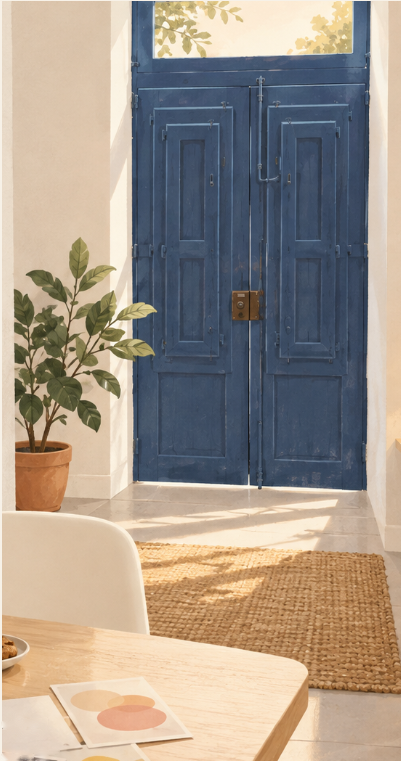 Warm Making Room space with the blue entrance door, creative materials, tea and refreshments